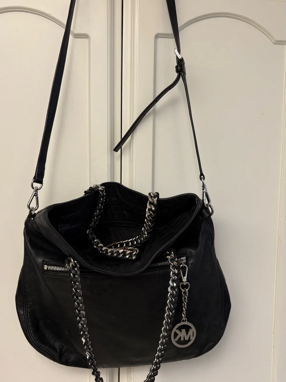 Michael Kors Black Leather Shoulder Bag with Silver Chain